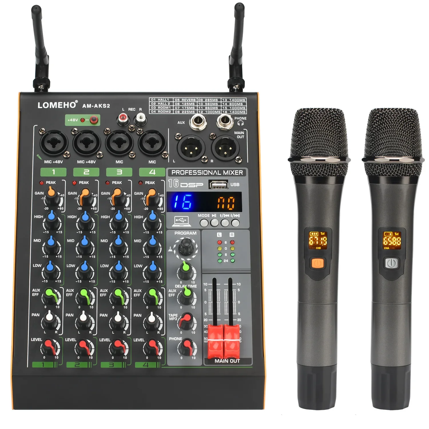Lomeho Mixer A 4 Canali Mixer Audio Professionale A 16 Effetti Con Microfono Wireless A 2 Frequenze Regolabili Am-Aks2