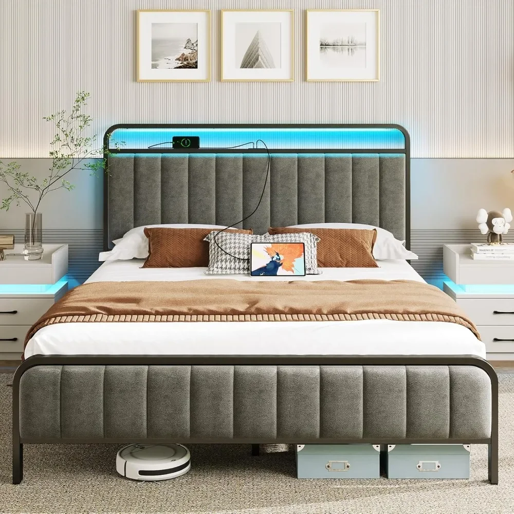 Queen Size Bed Frame with LED Light and Charging Station, Upholstered Headboard and Footboard, Metal Slat, Noise Free Bed 5
