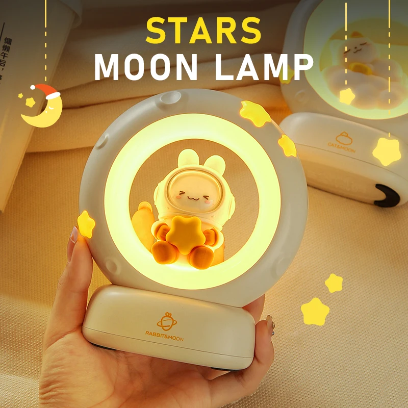 Moon Night Light Cute Rabbit Cat Panda Lamps Room Bedside Decoration USB Rechargeable Kawii Animal Gift Warm Soft Light
