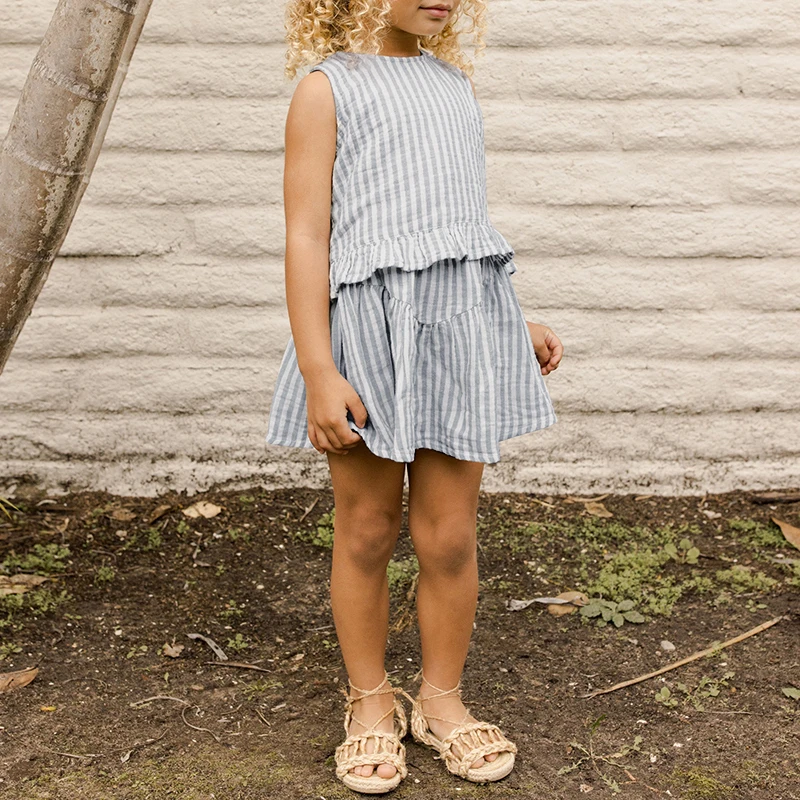 

Summer Classic Striped Girls Suit Fashion New Baby Girl Sweet Ruffled Sleeveless Cotton Tops Elastic Waist Mini Skirt 2pcs Sets