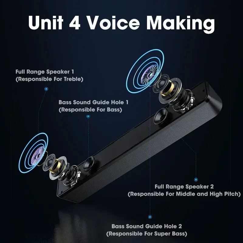 PC/노트북용 휴대용 Bluetooth 사운드바 - 3D 스테레오, 딥 베이스, 듀얼 코어 및 360 °   서라운드 |   AUX/유선/무선