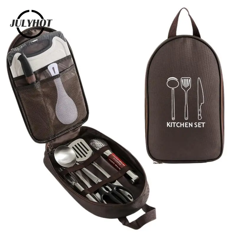 

8pcs Camping Kitchen Utensil Set With Carrying Bag BBQ Beach Hiking Travel Organizer Storage Pack Cook Gadgets Equipment Gear