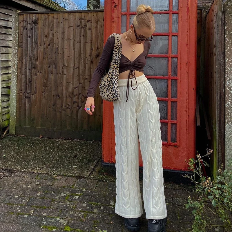 Fashion wide leg pants Casual Loose Knit White Pants Spring High Waist Trousers Ladies Elegant Retro Jogger Women Streetwear