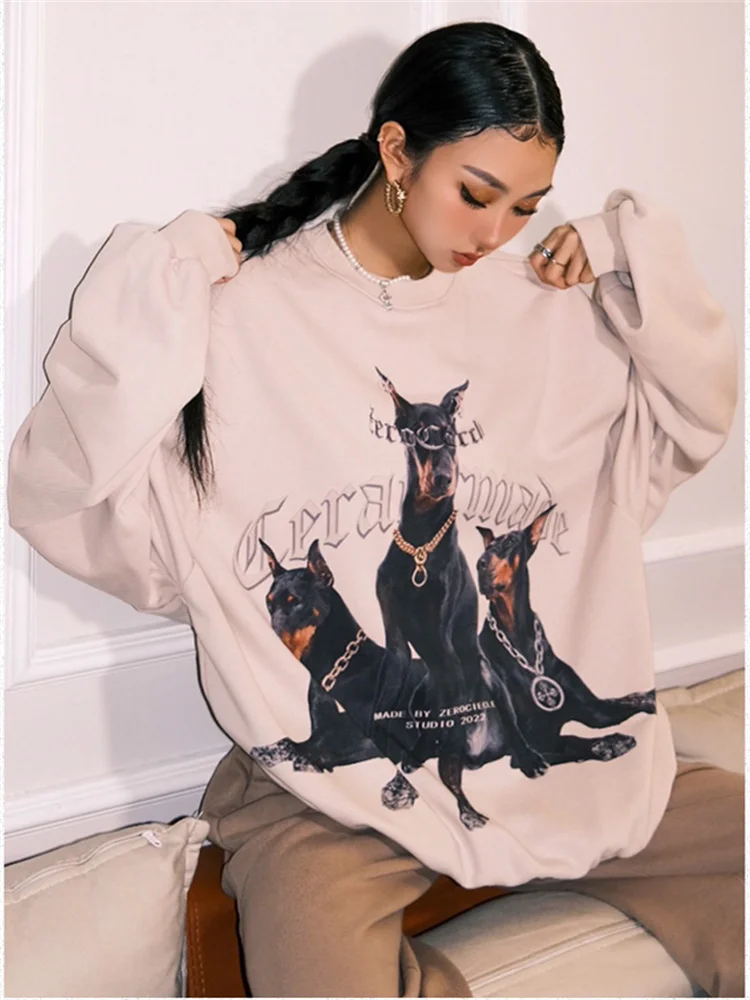 QWEEK Gothic Streetwear Dog Print Black Hoodie Women Harajuku Hip Hop Punk  Beige Oversized Pullover Sweatshirt Fleece Loose Top