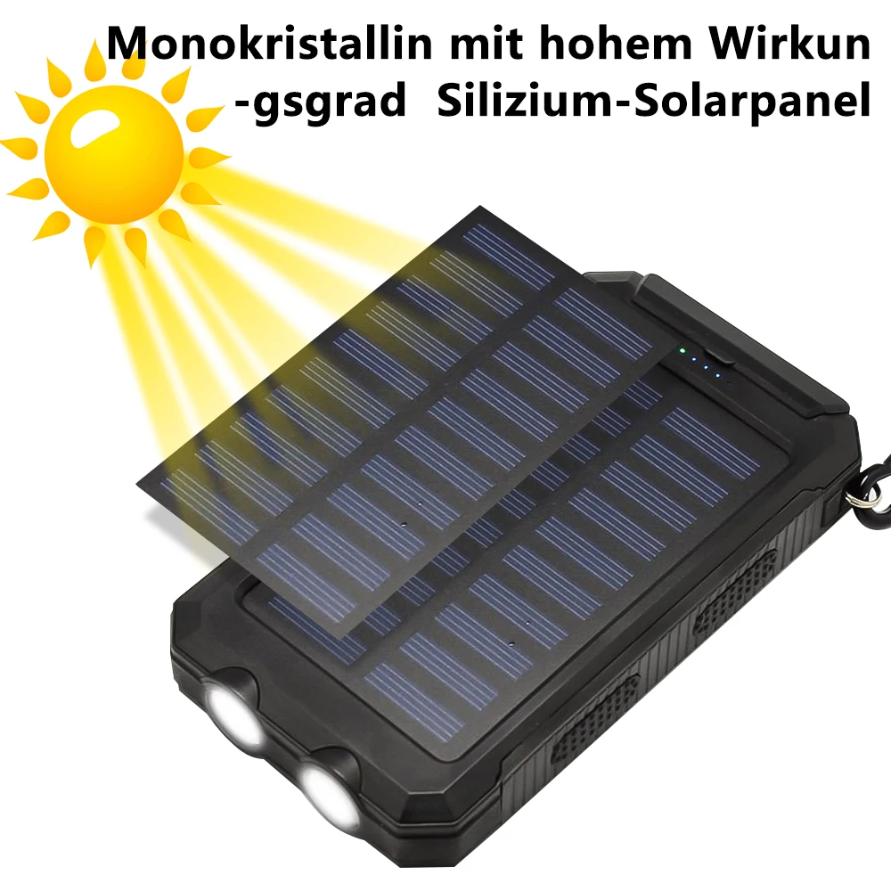 20000mAh Solar Fast Charging Power Bank Portable Battery 2-USB Large Capacity with Mobile Power Supply Flashlight 5