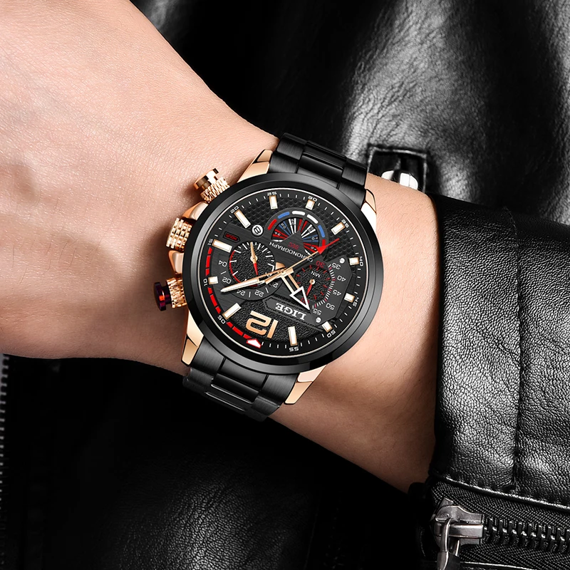 LIGE Top Brand Luxury Men Watch Stainless Steel Military Quartz Watch for Men Fashion Waterproof Chronograph Date Man Wristwatch