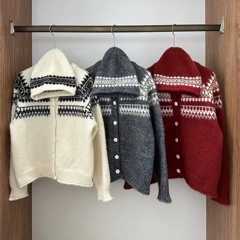 2025 Autumn Winter Women Elegant Casual Sweater with Hat Crew Neck Long Sleeve Knitted Cardigan Fashion Fall Knitwear Clothing
