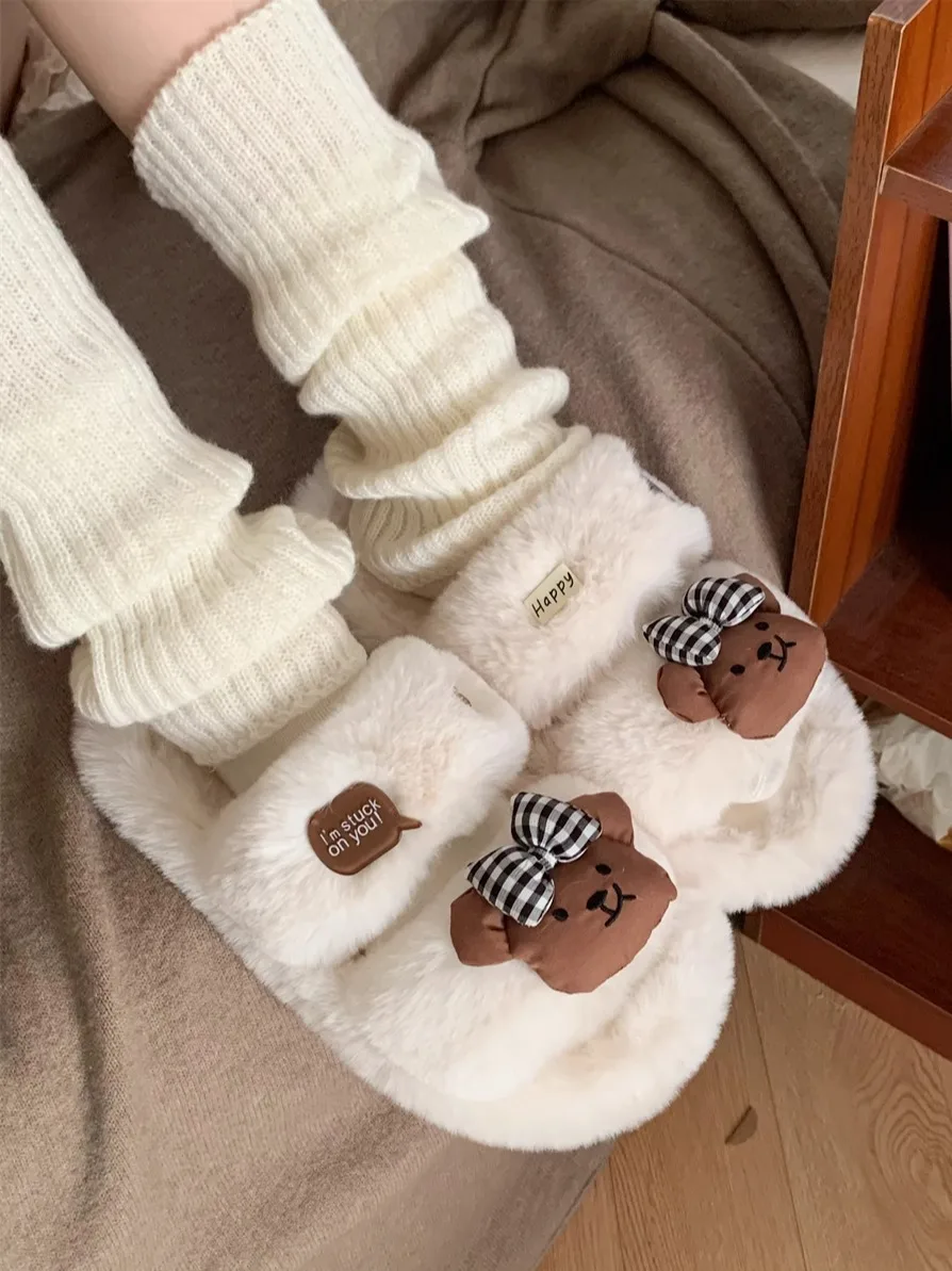 Women Home Slippers Cute Bow With Teddy Bear Fur Slippers, Versatile For Indoor And Outdoor Autumn And Winter 4
