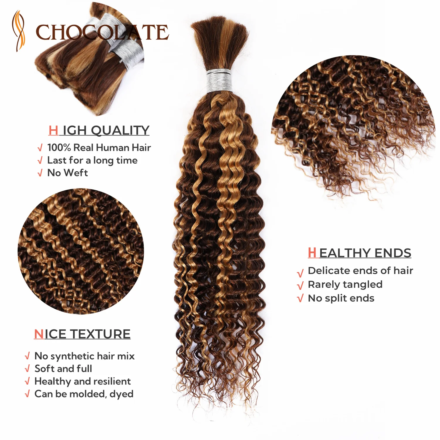 Human Braiding Hair Highlight 4/27 Color Deep Wave Bulk Curly Human Hair For Boho Braids 100% Unprocessed Brazilian