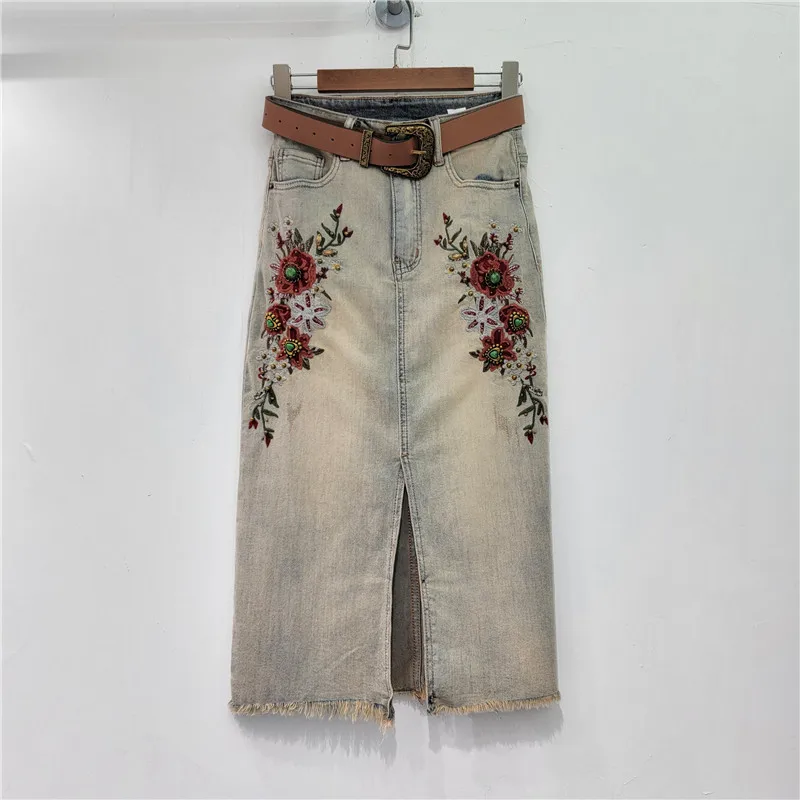 

European Station 2024 Spring/Summer New Heavy Industry Embroidery Retro Mid length Skirt Denim Skirt Women's Skirt Trend