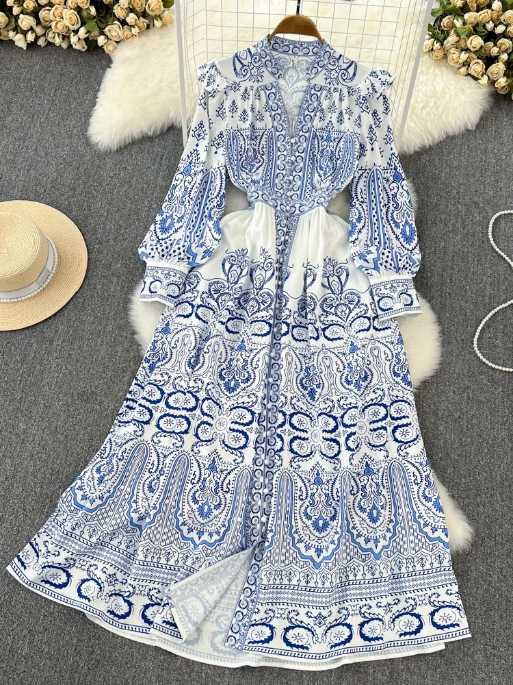 

HIGH STREET Newest Fashion 2023 Runway Designer Women's V-neck Single-Breasted Lantern Sleeve Print Dress