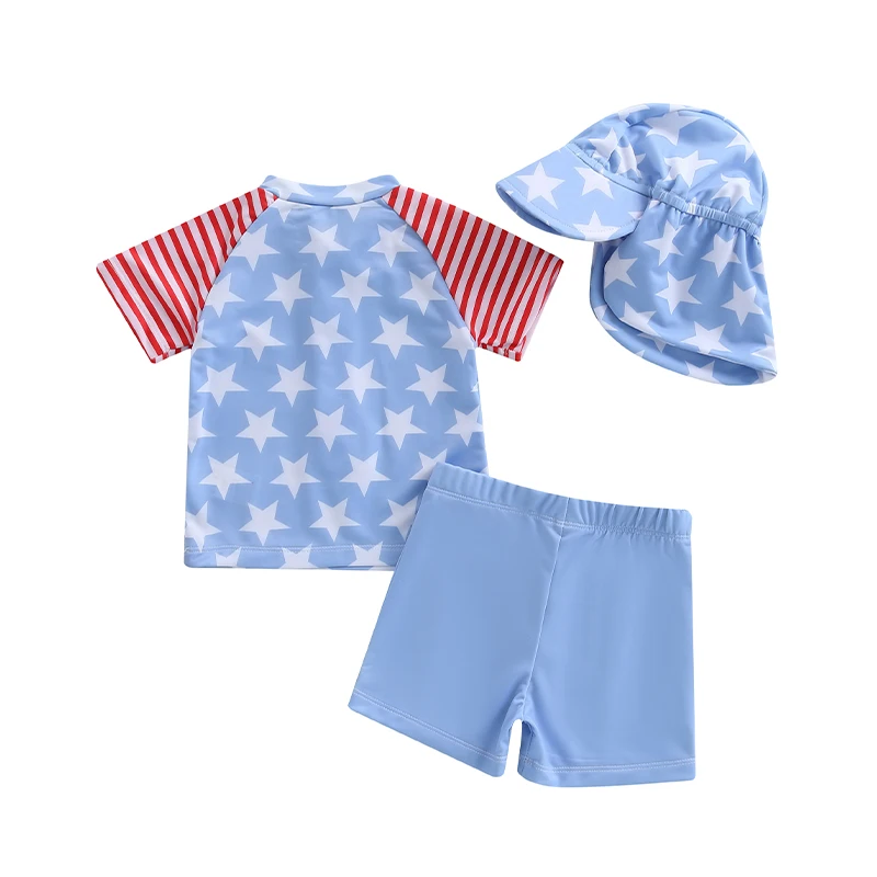 1-5 سنوات الاطفال بيبي بوي 3 قطع المايوه ستار قصيرة الأكمام نصف سستة القمم مرونة الخصر السراويل قبعة الشمس الرقبة رفرف بحر