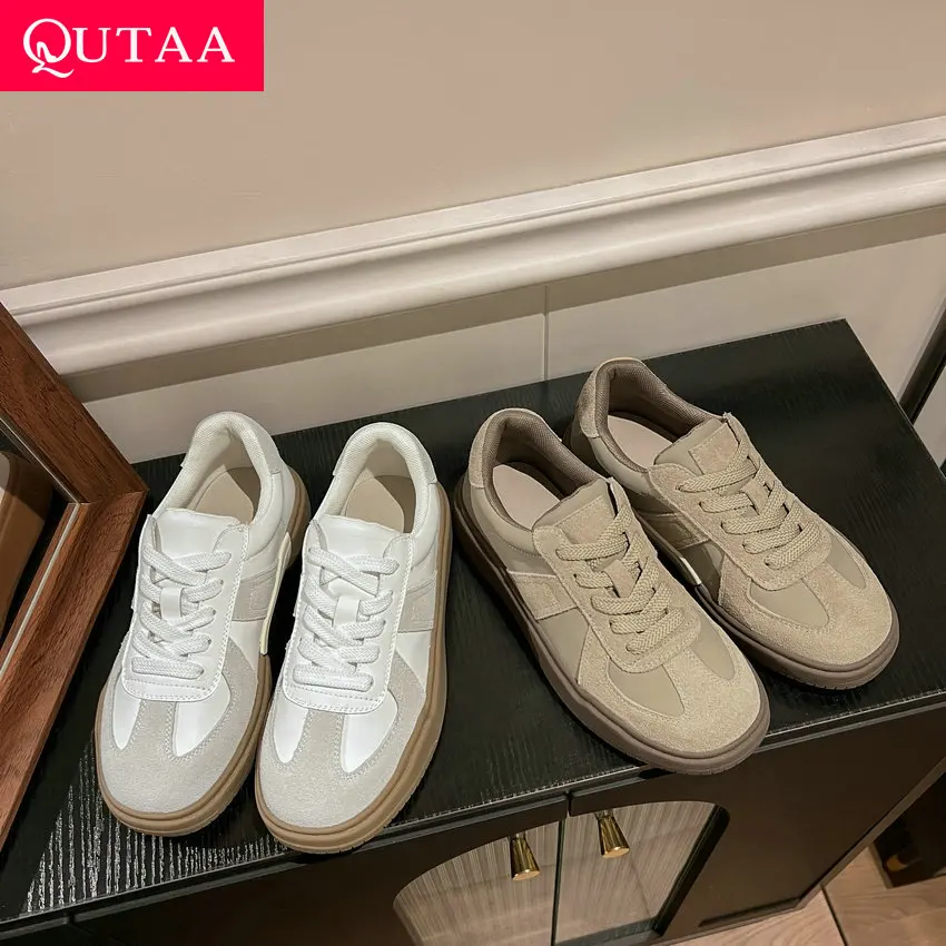 

QUTAA 2024 Women Sneakers Fashion Round Toe Lace-Up Platforms Genuine Leather Shoes Woman Spring Casual Sneakers Size 35-40