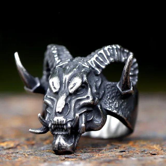 Bague Crâne Baphomet Homme - Chevalière Tête De Mort Satanique Acier Inoxydable - Taille 54-71 - Boîte Cadeau
