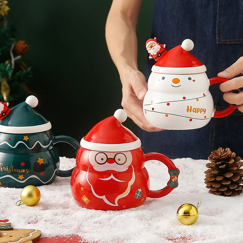 2022 480ml Christmas Ceramic Mug With Lid Spoon Santa Claus Cup Coffee Mug Cute Kawaii Cup Breakfast Milk Cup Christmas Present