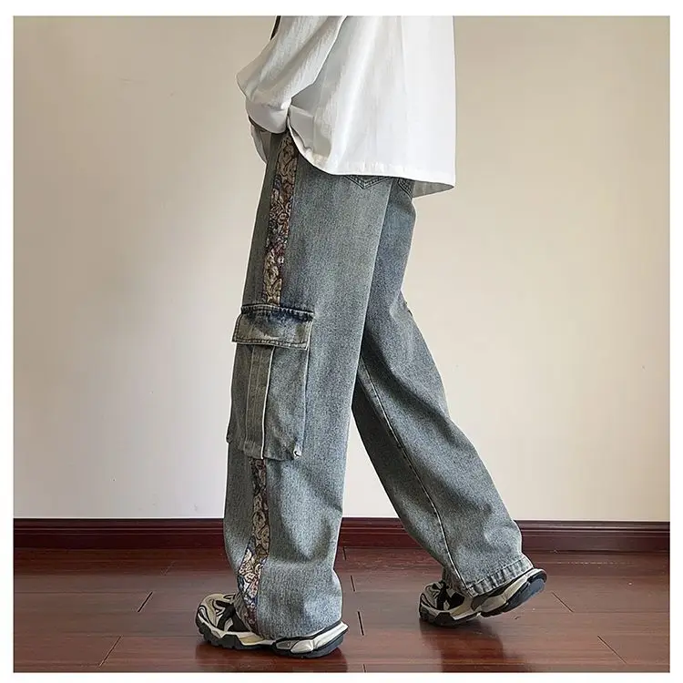 Hip hop trend personalized straight leg retro washed workwear jeans American men and women street loose wide leg casual pants 3
