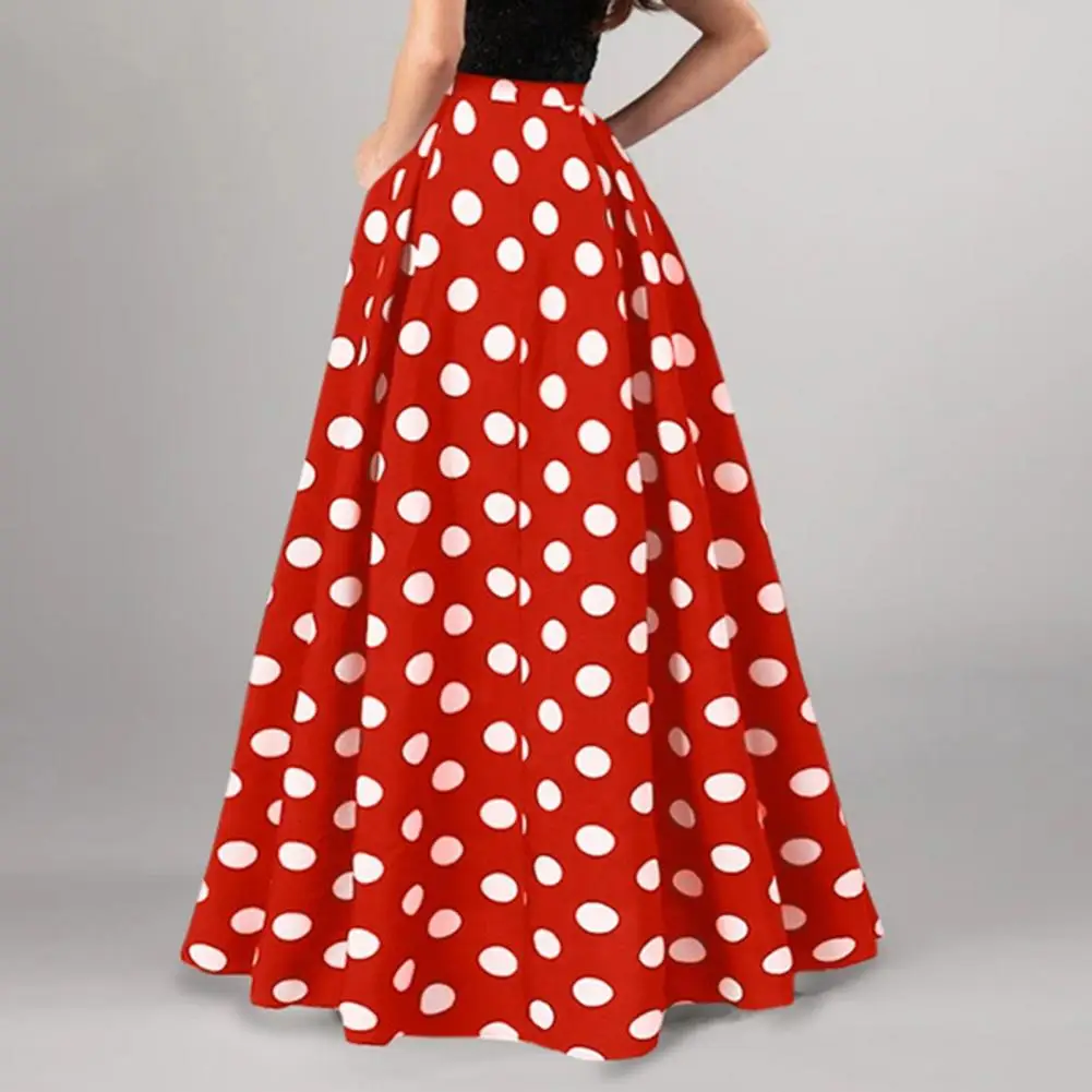 Dot Print Retro A-line Big Hem Skirt Women Maxi Skirt High Waist Side Pockets Loose Full Length Lady Prom Party Long Skirt