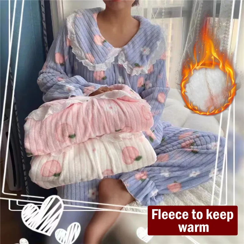 

Thickened Warm Pajamas Set For Women Winter Plush Thermal Long Sleeve Velvet Lovely Cartoon Home Clothes Suit 2 Pieces