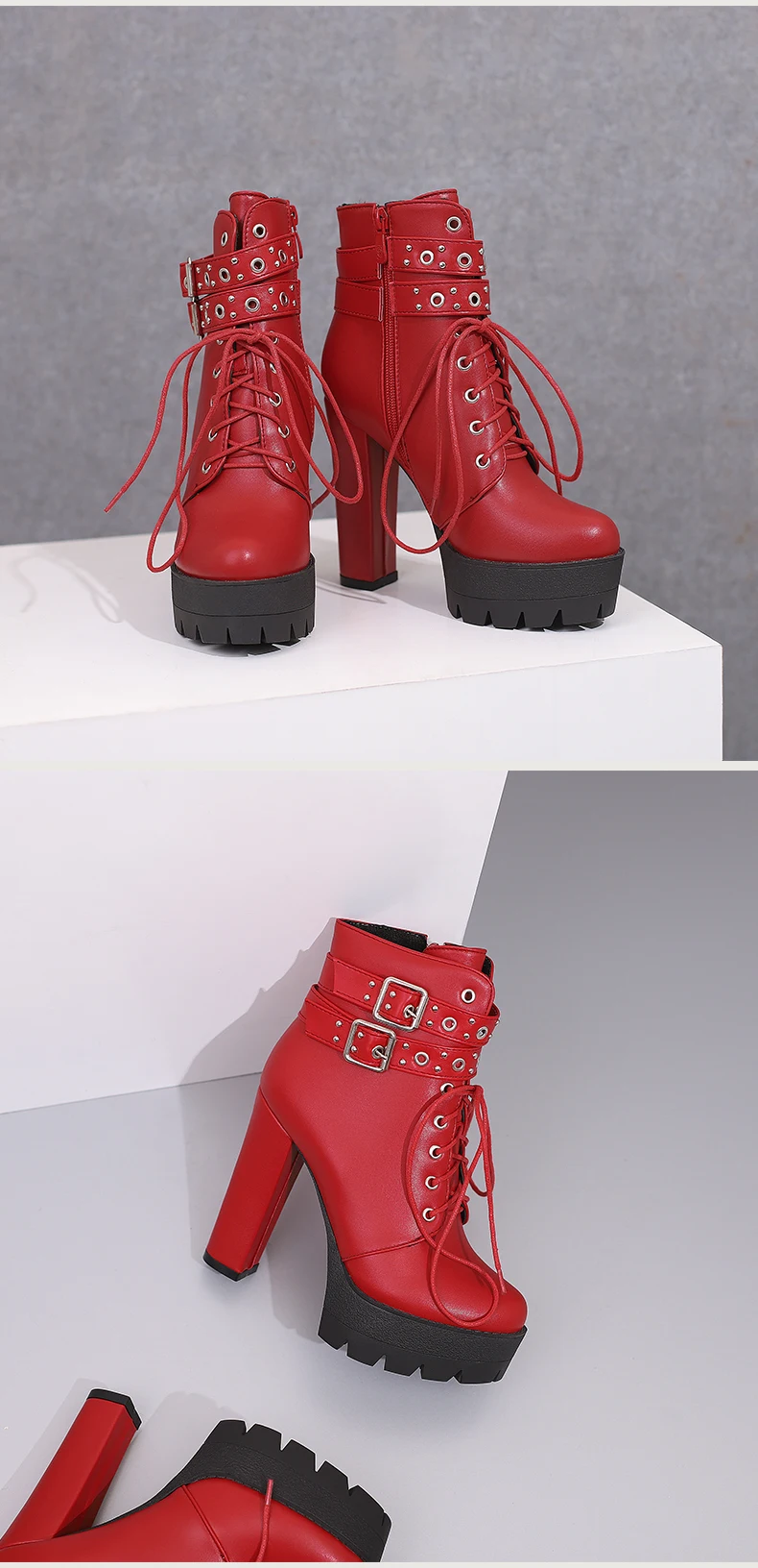Double Row Metal Belt Buckle With Tie Up Super High Thick Heels Short Boots Platform Side Zipper Plush Inner Lining Ankle Boots
