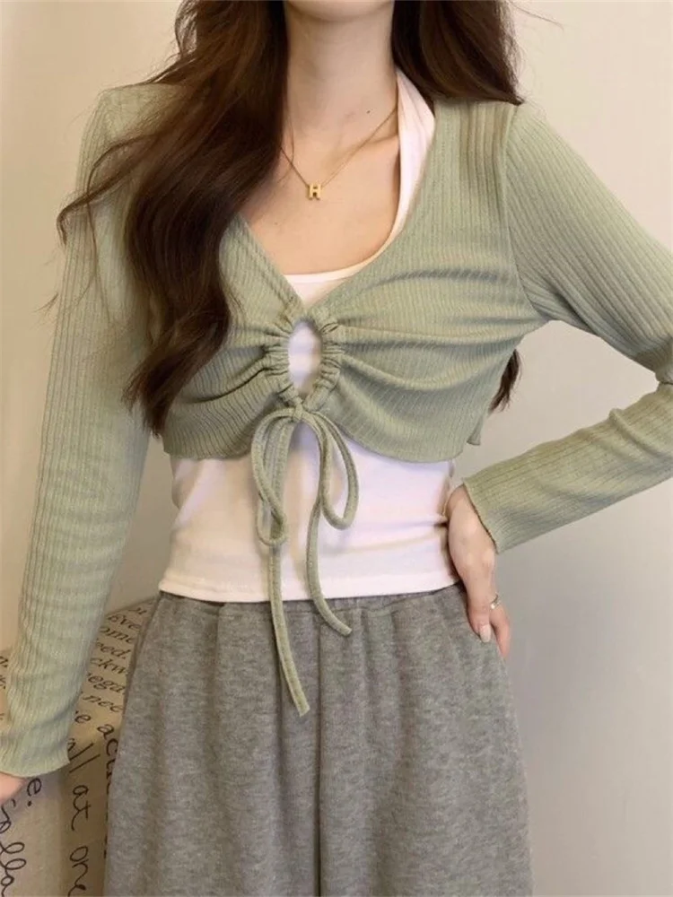 

Футболка женская на шнуровке, модный пикантный укороченный топ с лямкой на шее, узкая эстетичная футболка с длинным рукавом, комплект из двух предметов, в Корейском стиле, Y2k, на осень