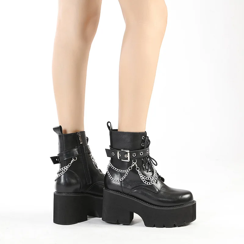 Women Platform Shoes Black Gothic Buckle Pu Leather Woman