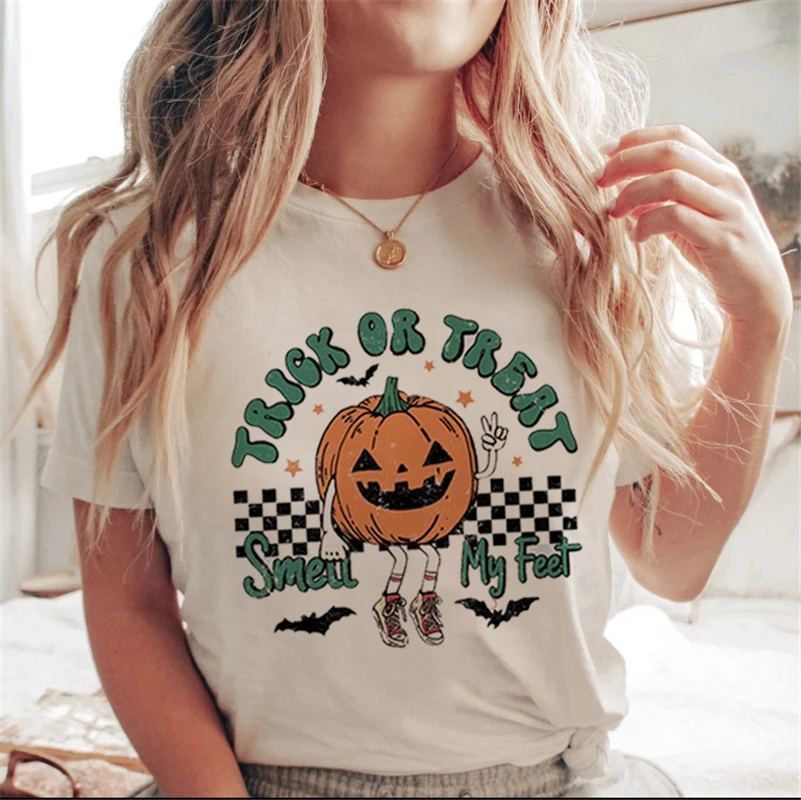Lettera stampata bianca cartone animato Halloween autunno maglietta casual vestiti tendenza anni '90 donna donna T costume donna stampa grafica925_voghion.com