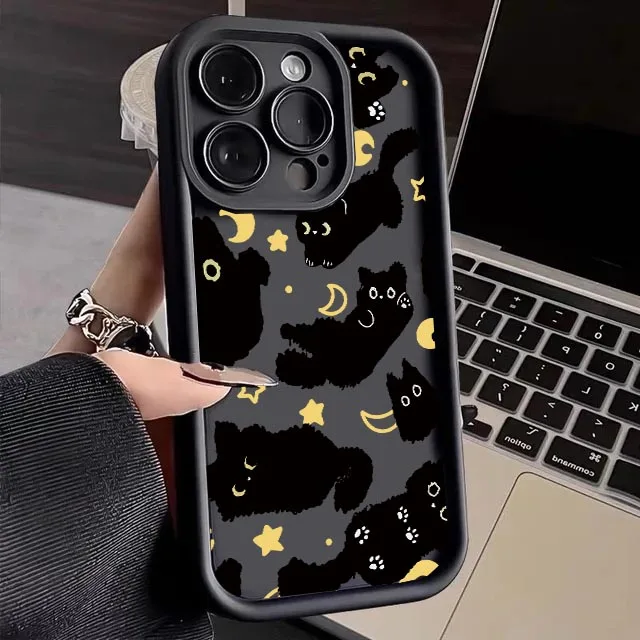 Whimsical Moon Star Black Cat Phone Case - Soft Armor Matte Back Cover