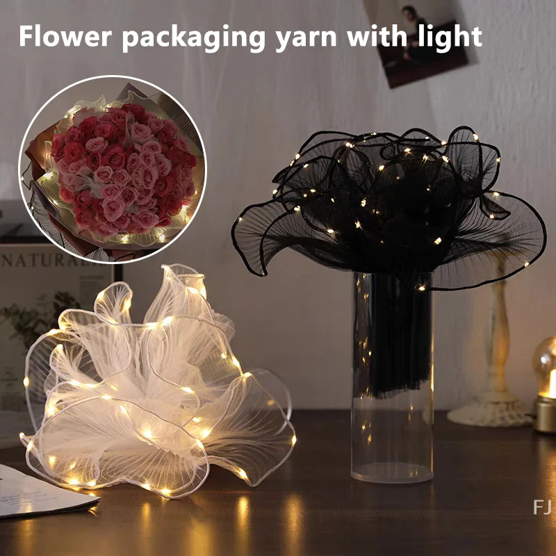 [YU] 1 pièces papier d'emballage de fleurs LED avec lumières dentelle maille vague fil fleuriste Bouquet emballage décoration cadeaux d'anniversaire de mariage