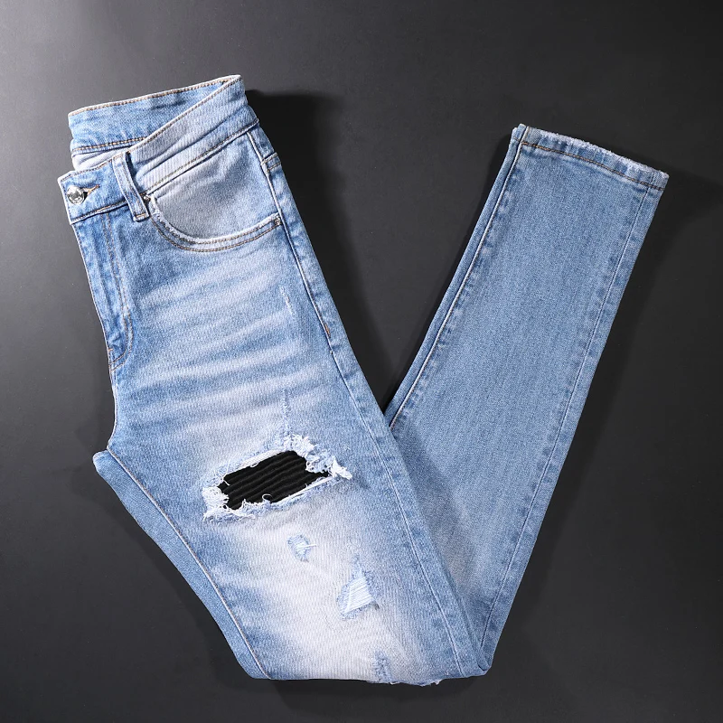 

Street Style Fashion Men Jeans Retro Light Blue Elastic Slim Fit Ripped Jeans Men Frayed Hole Patch Designer Hip Hop Denim Pants