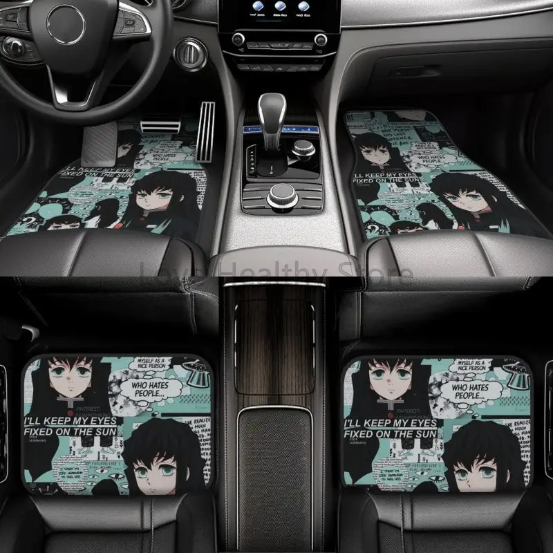 Cute Anime Muichiro Tokito Car Floor Mats Set of 4 Pieces Front and Rear Foot Mats with Non Slip Rubber Backing Auto Accessories
