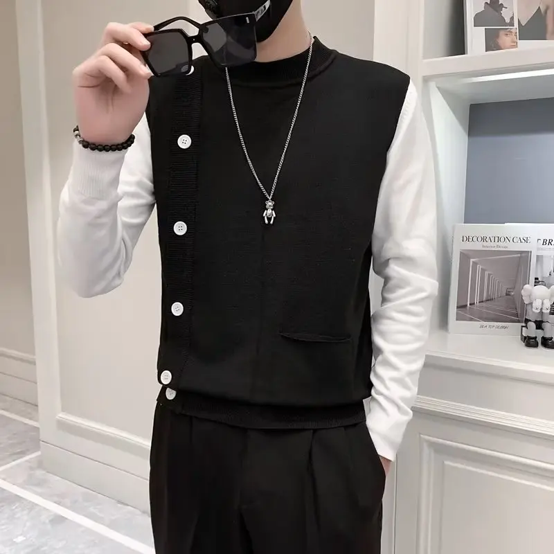 Fall Fake Two Pieces Contrasting Colors Pullover Sweater Streetwear Hip Hop Casual Outerwear Tops Men turtleneck Sweater