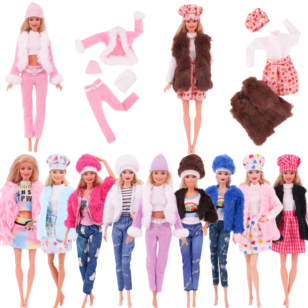 

Barbies Doll Clothes Hat+Coat+T-shirt+Pants Fashion Outfits Dolls Clothes Plush Jacket for 11.8inch Barbie&1/6 Blyth Accessories