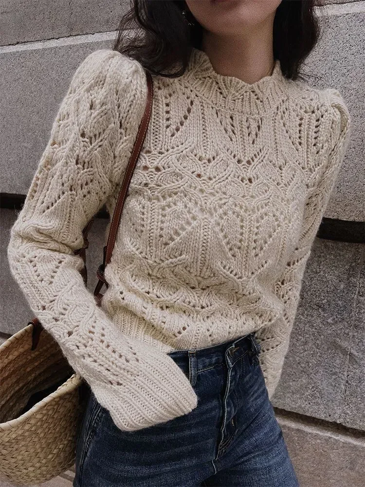 Ropa Mujer Sweater Women Puff Sleeve Knitted Hollow Out Crop Pullovers Autumn Winter Sweet Tops Vintage Chic O Neck Jumper