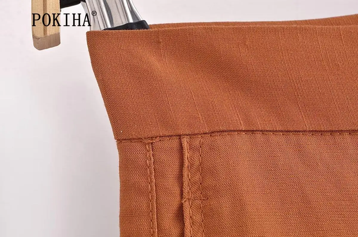 Pokiha Fashion Women Vintage Linen Front Buttons Cropped Waistcoat And Elegant Mid Waisted Midi Dress Female Chic Two_voghion.com