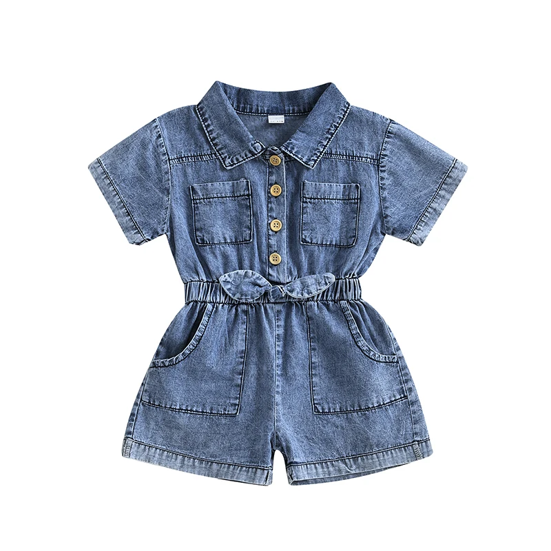 1-5Y Girls Kids Denim Overalls Shorts Short Sleeves Turn Down Collar Button Down Elastic Waist Jean Romper Jumpsuits Clothes 3