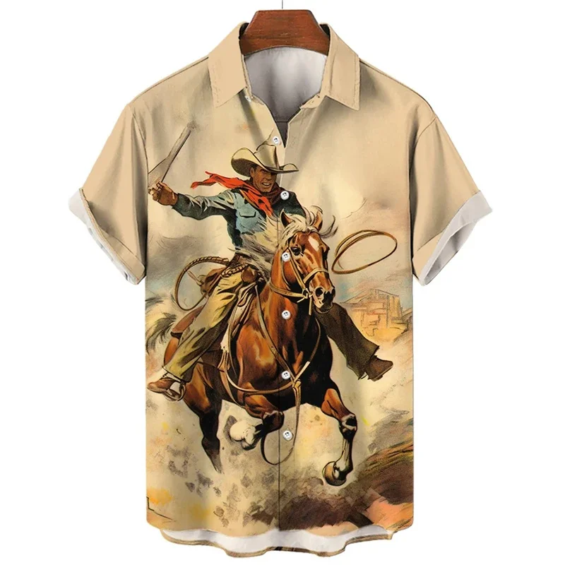 thumbnail image 1 of Camisa vaquera occidental para hombre, con estampado 3D, estilo hawaiano, informal, de manga corta, con solapa, ropa de calle, camisas vintage, 1 of 5