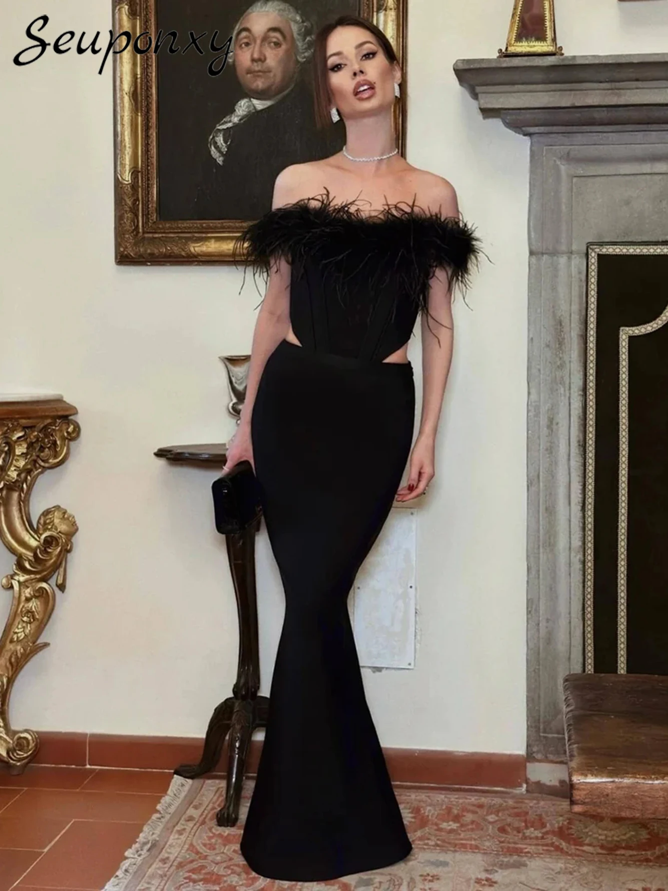 

High Quality Women'S New Fashion Feather Black Bandage 2 Piece Set Sexy Strapless Short Top+High Waisted Long Skirt Party Set