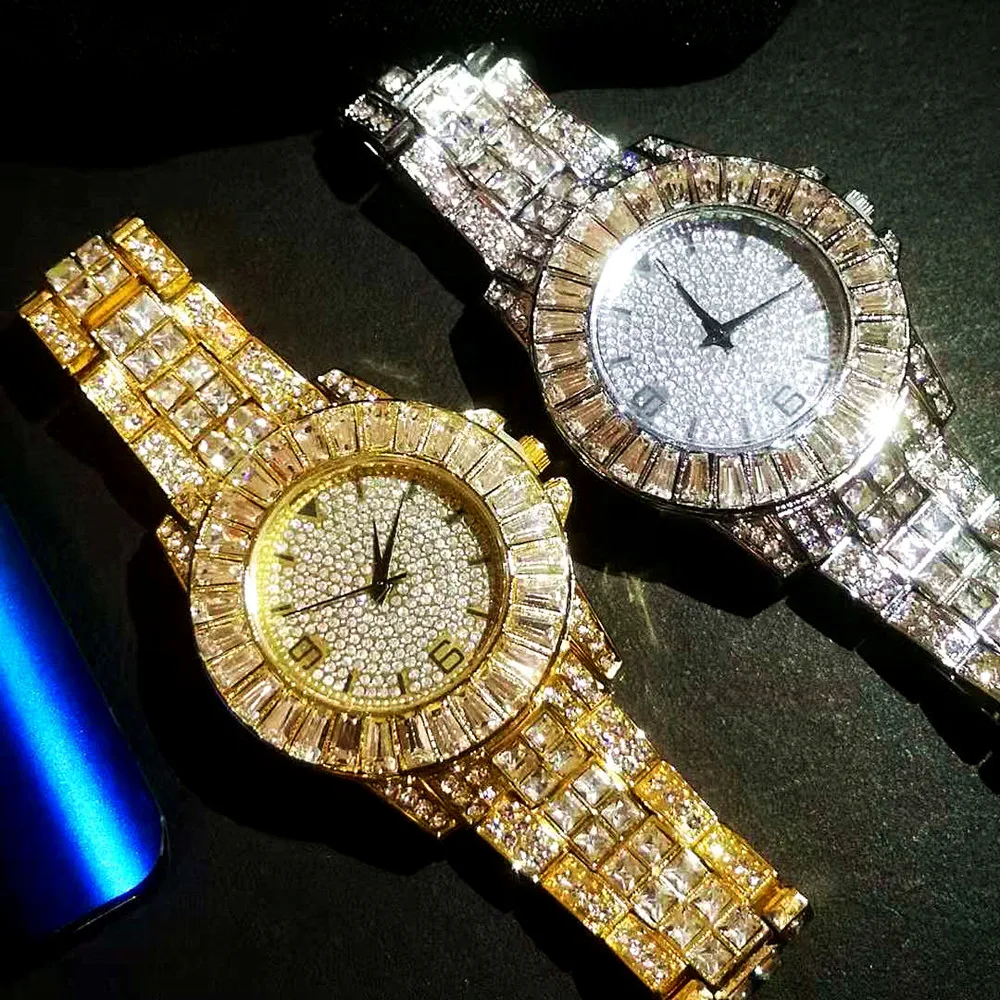 2PCS Iced Out Watch + Tennis Bracelet for Men Women Luxury Pretty Fashion Bling Gold Ladies Women Watches Set Relojes Para Mujer