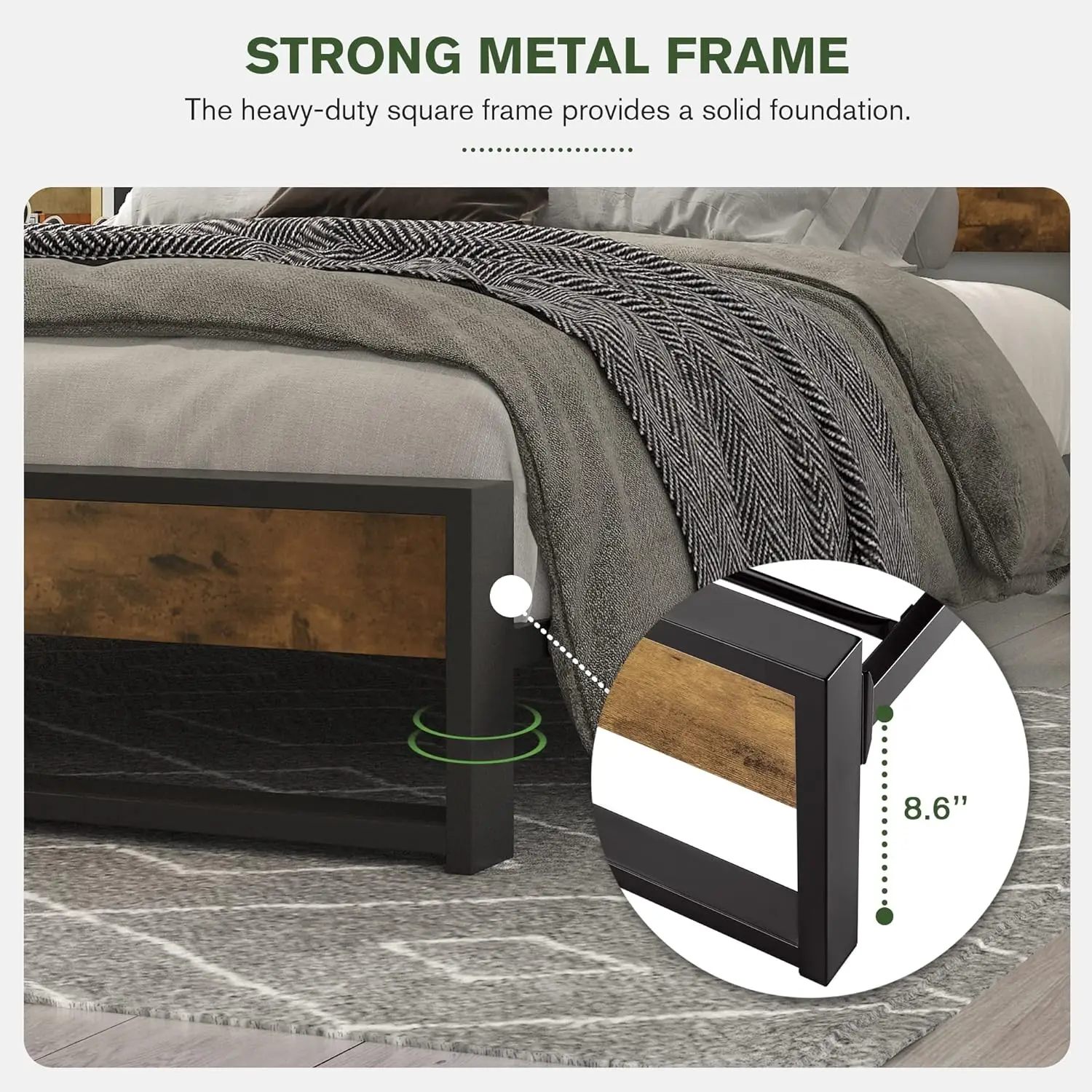 Queen Bed Frame with Wood Headboard, Modern Rustic Style Platform Bed Frame Queen Size, Heavy Duty Strong Metal Slats Support 6