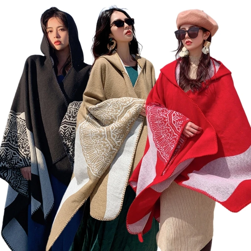 

Y166 Women Bohemian Hooded Poncho Sweater Coat Knitted Open Front Shawl Wrap Cardigan