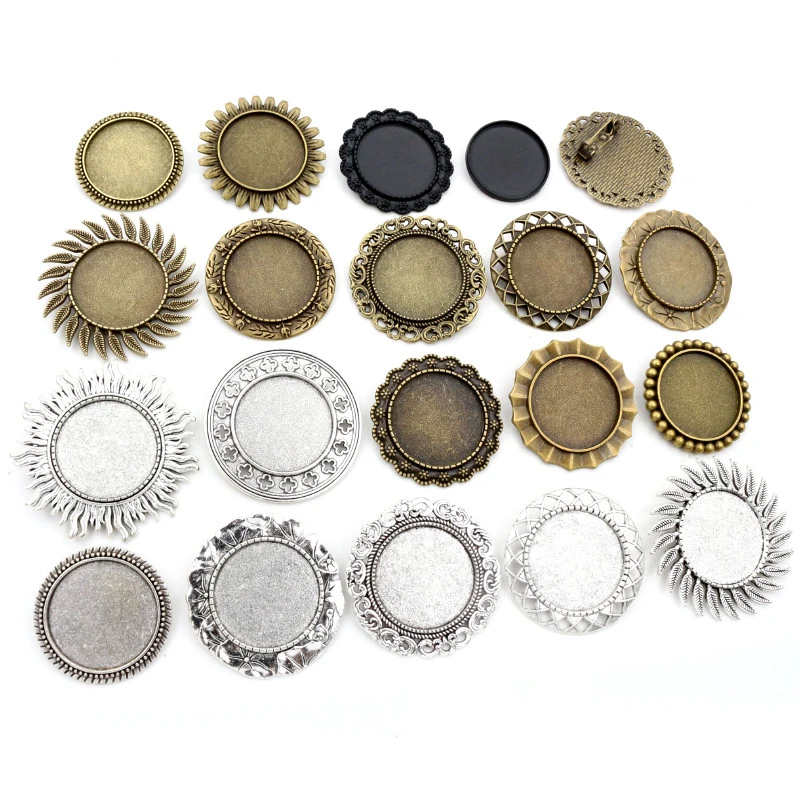 5pcs 25mm Inner Size Antique Silver Plated Bronze Colors Brooch Baroque Style Cabochon Base Setting