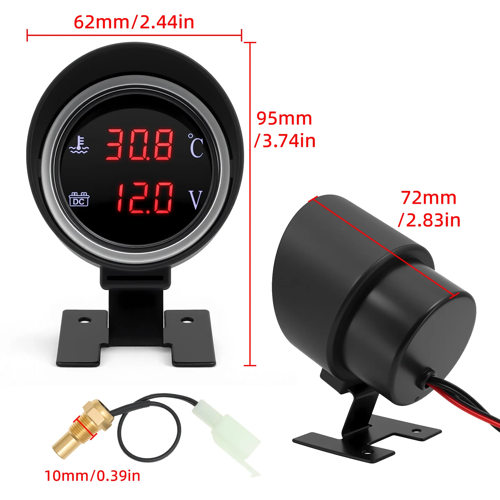 12V/24V 2 in 1 원형 디지털 수온계 + 전압계 자동차 트럭 보트용 온도 센서 + 알람 기능이 있는 게이지