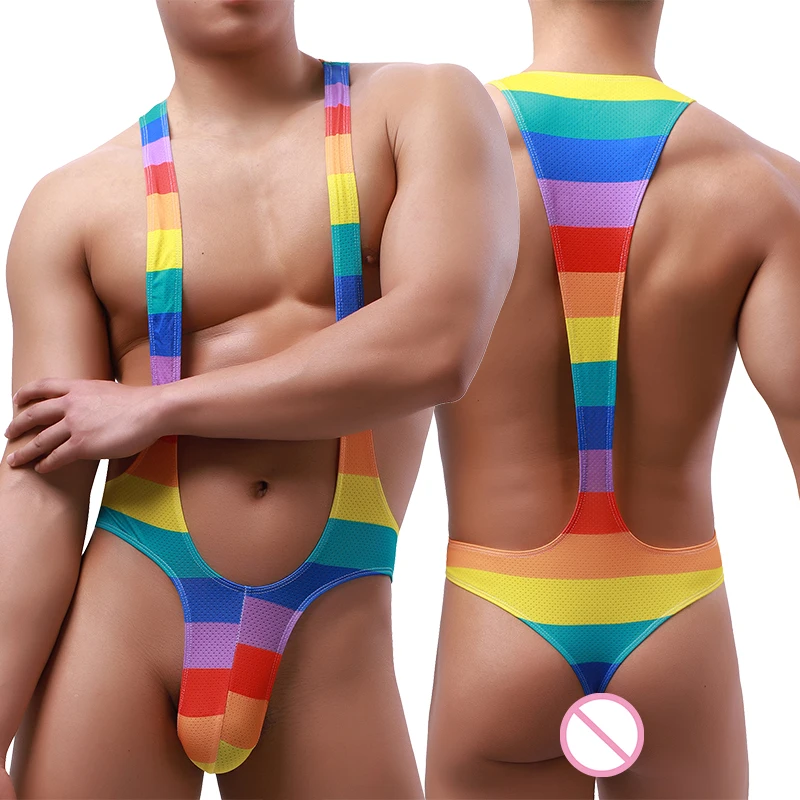 Sexy Men Undershirts Underwear Jockstrap Mesh Printed Penis Pouch Jumpsuits Wrestling Singlet Rompers Sheer Bodysuits Nightwear