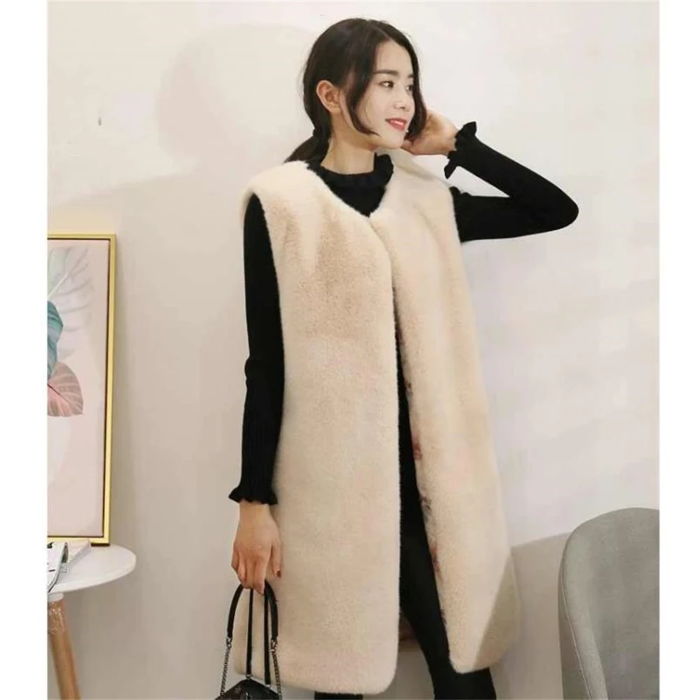 Women\'s Imitation Fur Sleeveless Coat Long Fur Jackets Lnternet Celebrity Loose Imitation Mink Vest Autumn Winter