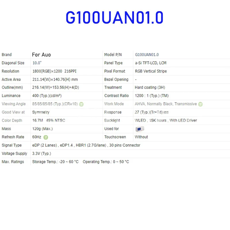 Auo 브랜드  LCD 디스플레이 스크린 패널, G100UAN01.0, 10.0 인치, 100% 테스트 완료, 빠른 배송