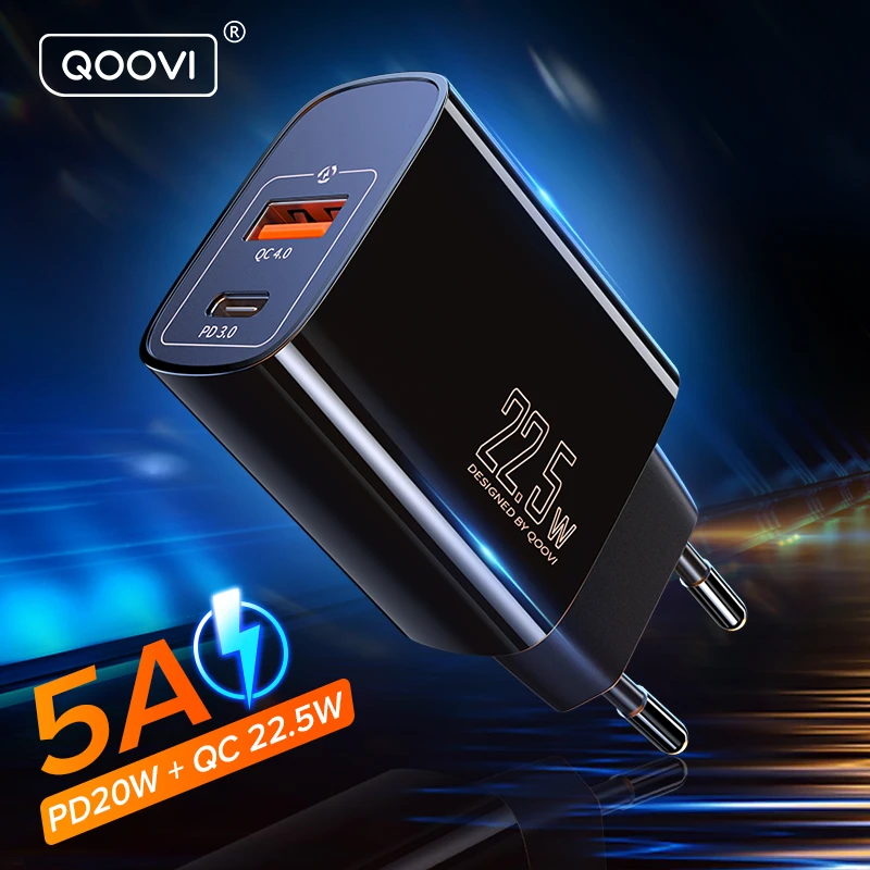 wallcharger QOOVI Dual USB Type C PD 20W Charger 5A Fast Charging Wall Adapter Quick Charge 4.0 QC For iPhone 13 12 Xs Huawei Xiaomi Samsung usb charger