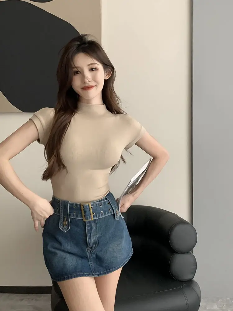 WTEMPO Női Rövid ujjú póló Fél garbó Nyári Trend All-match Top Sexy Slim T-shirt Egyszínű Y2k Top 2023469_voghion.com