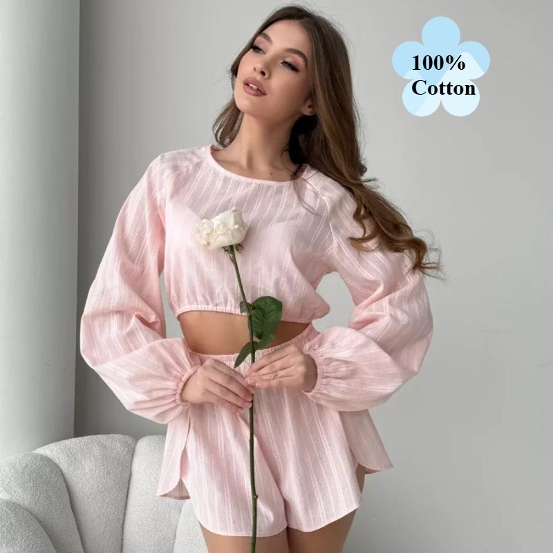 Women's Pajamas Solid Color Set Loose Long-sleeved Top Slit Shorts Sexy Casual Fashion Comfortable Sleepwear Homewear