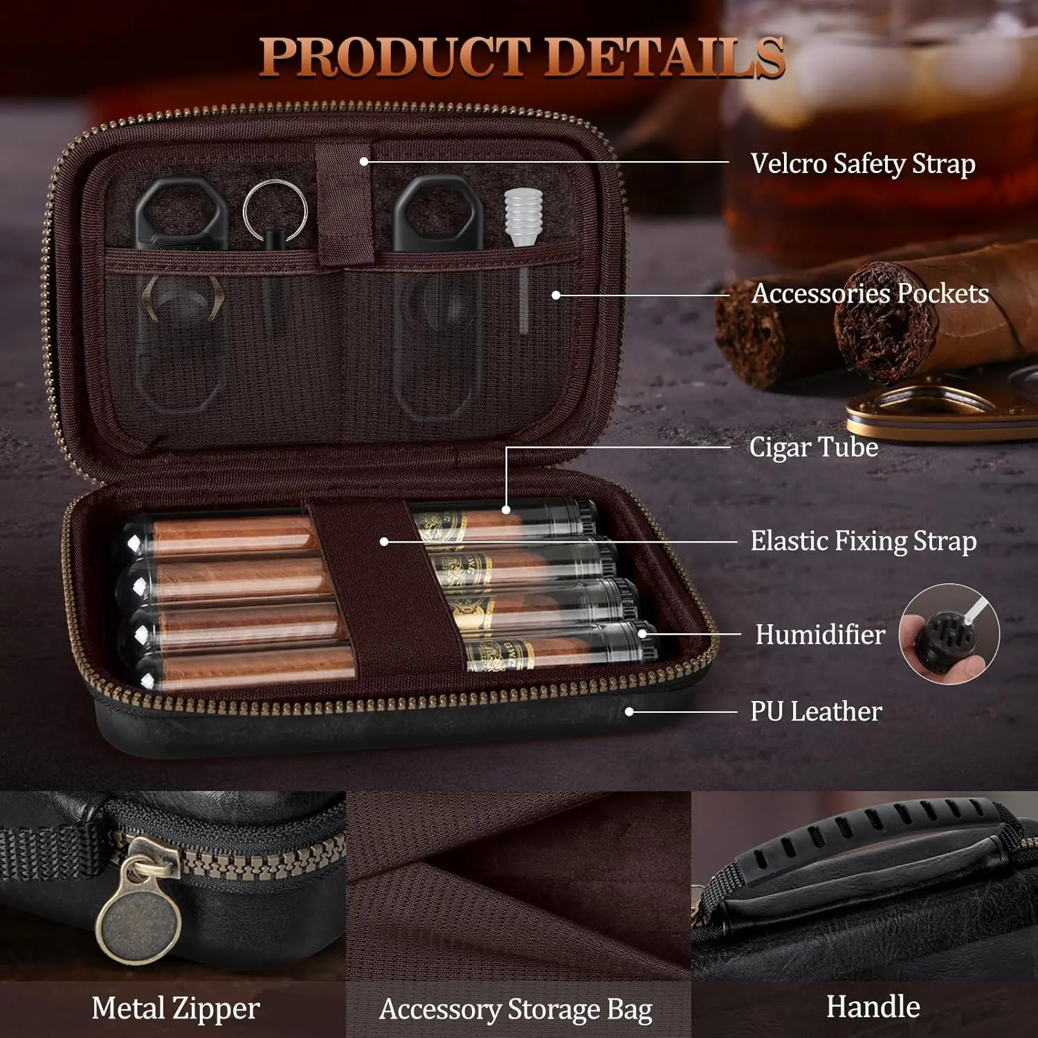 Luxury Leather Cigar Travel Case with Cutters and Puncher