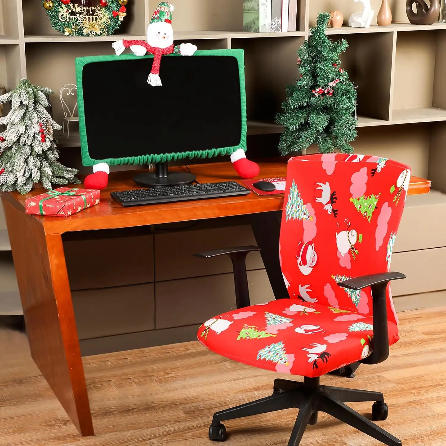 Christmas Office Chair Cover Set Xmas Stretchable Computer Desk Chair Seat Covers Waterproof Swivel Chair Protective Slipcover